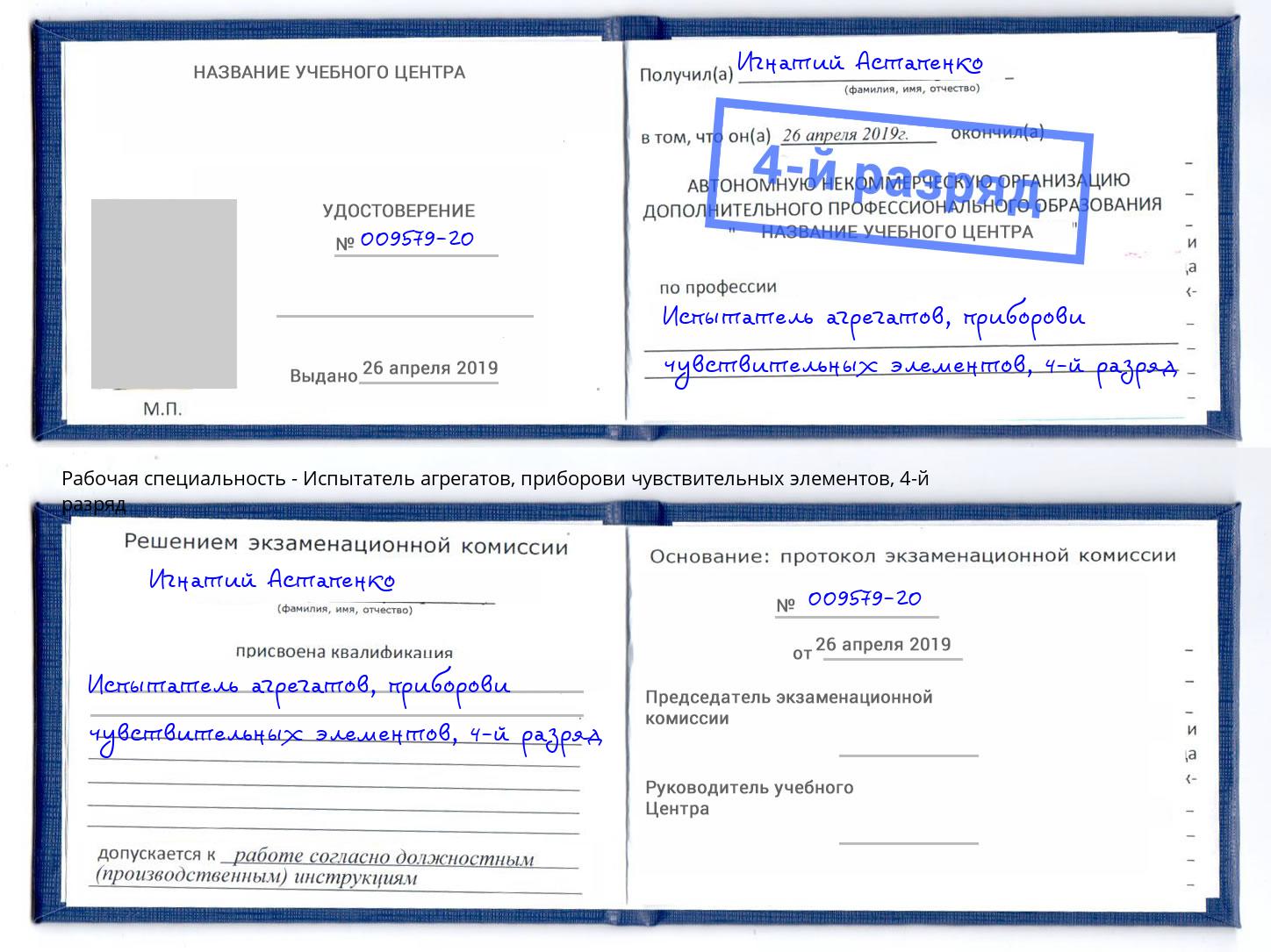 корочка 4-й разряд Испытатель агрегатов, приборови чувствительных элементов Черняховск