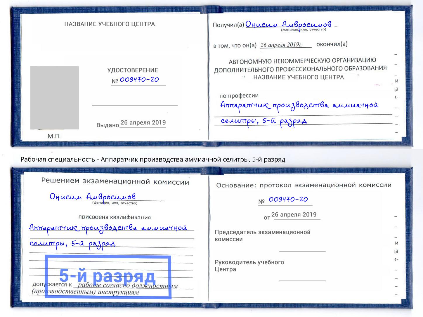 корочка 5-й разряд Аппаратчик производства аммиачной селитры Черняховск