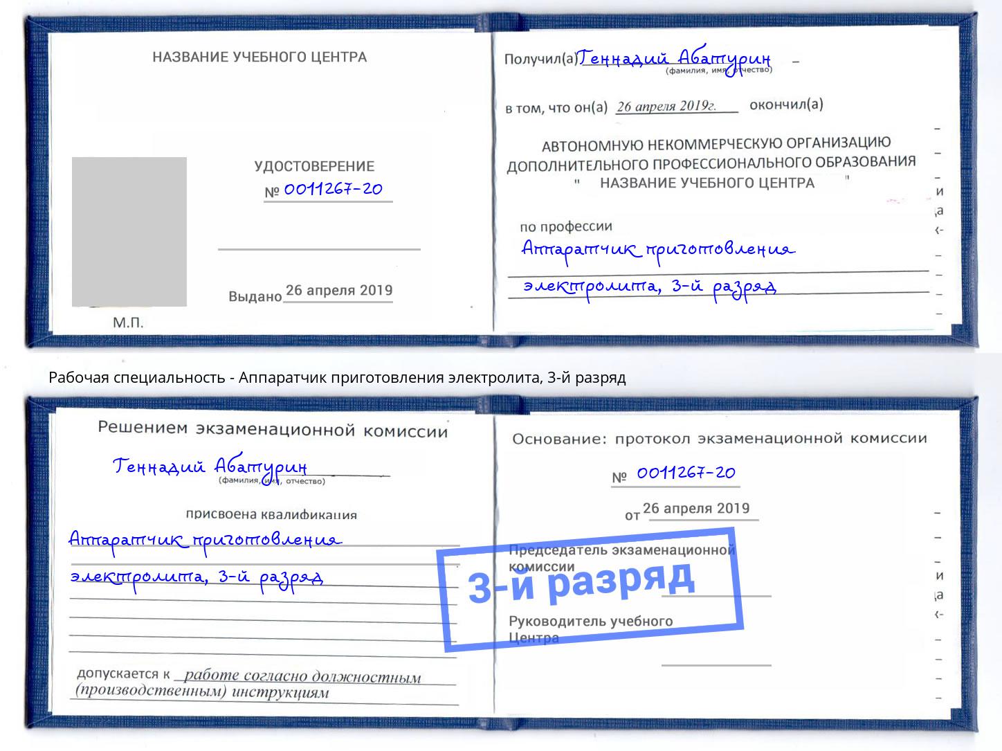 корочка 3-й разряд Аппаратчик приготовления электролита Черняховск