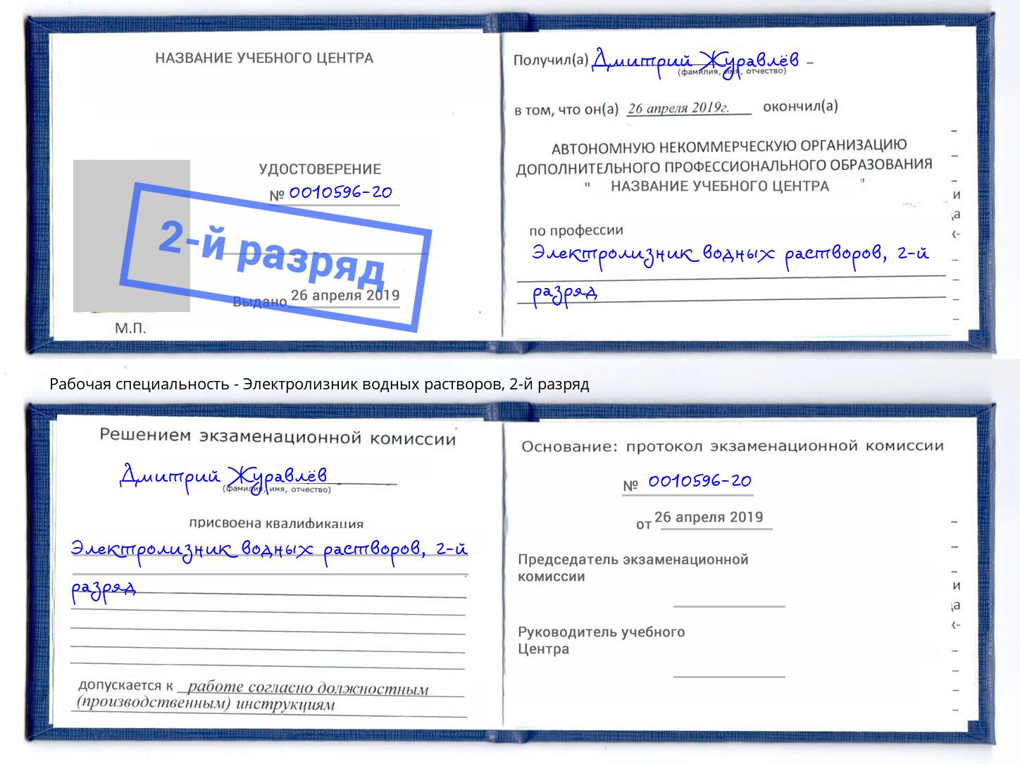 корочка 2-й разряд Электролизник водных растворов Черняховск