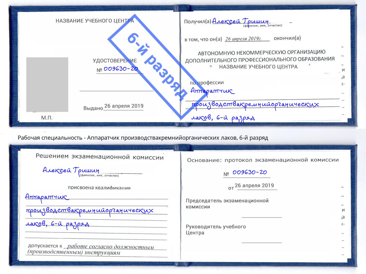 корочка 6-й разряд Аппаратчик производствакремнийорганических лаков Черняховск