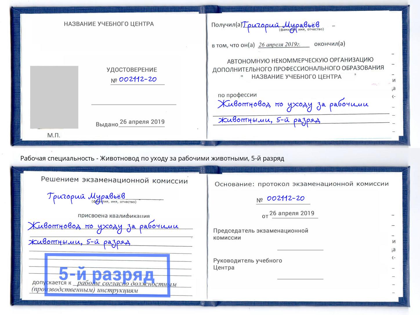 корочка 5-й разряд Животновод по уходу за рабочими животными Черняховск