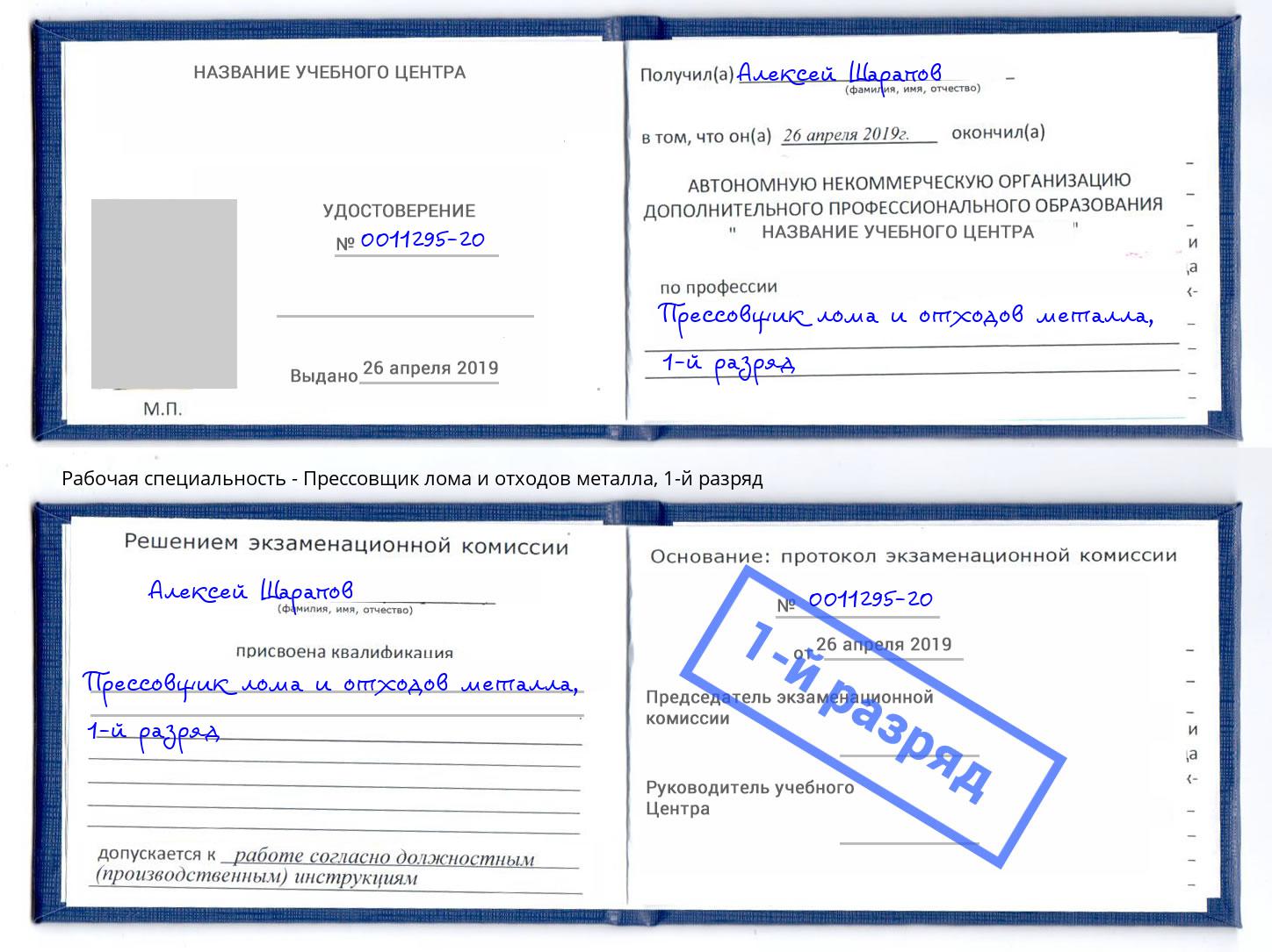 корочка 1-й разряд Прессовщик лома и отходов металла Черняховск