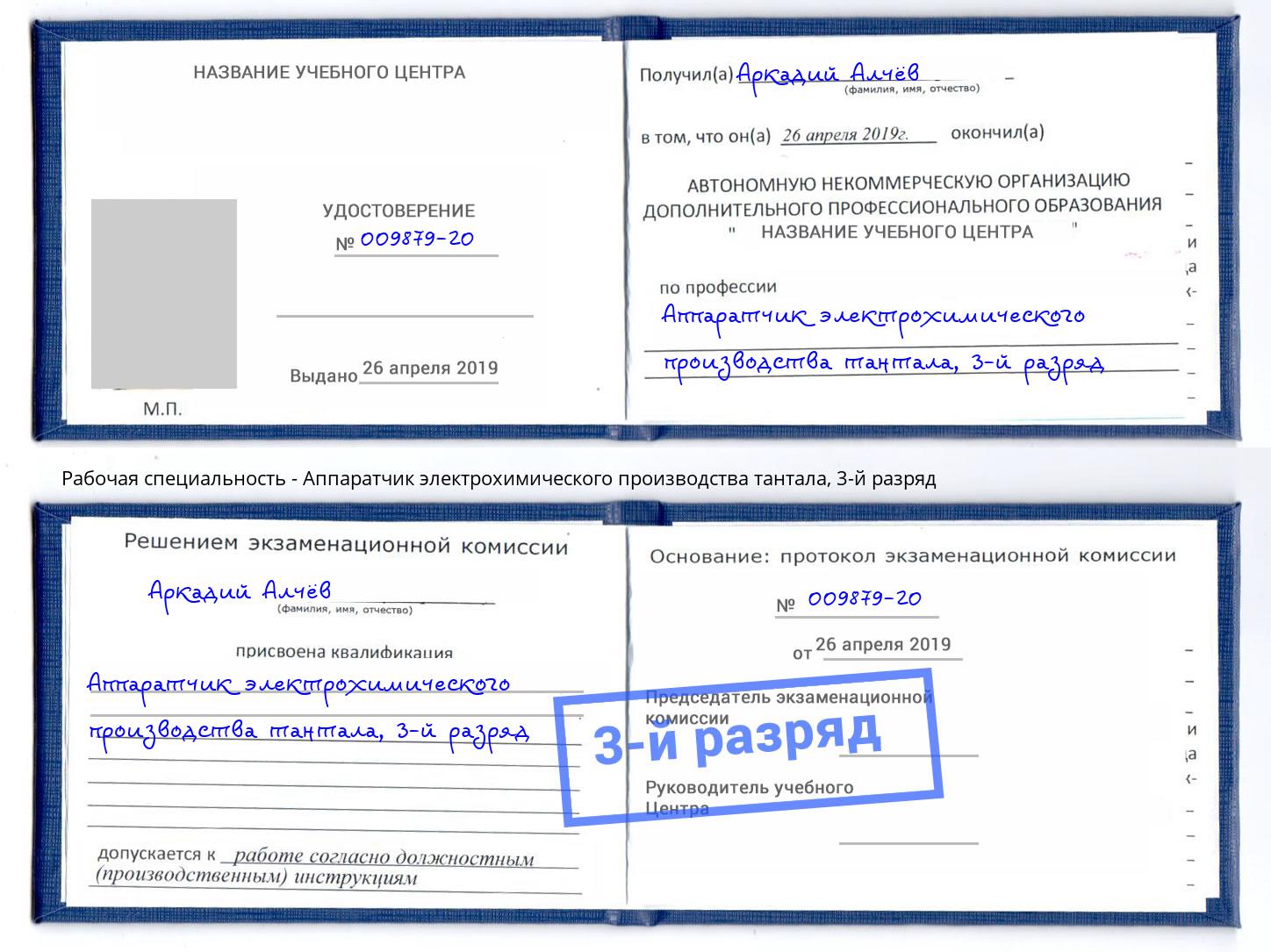 корочка 3-й разряд Аппаратчик электрохимического производства тантала Черняховск