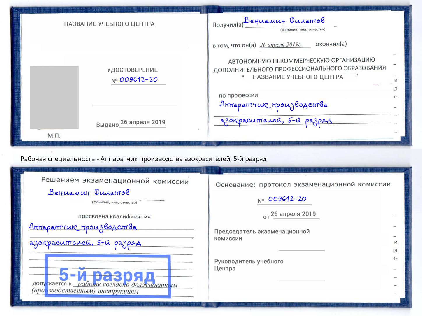 корочка 5-й разряд Аппаратчик производства азокрасителей Черняховск